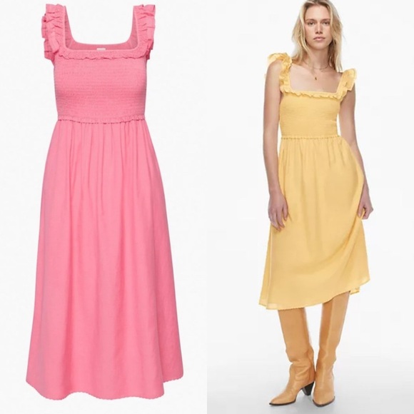 Aritzia Dresses & Skirts - Wilfred Aritzia reminisce midi dress pink smocked ruffle cotton summer Womens XS